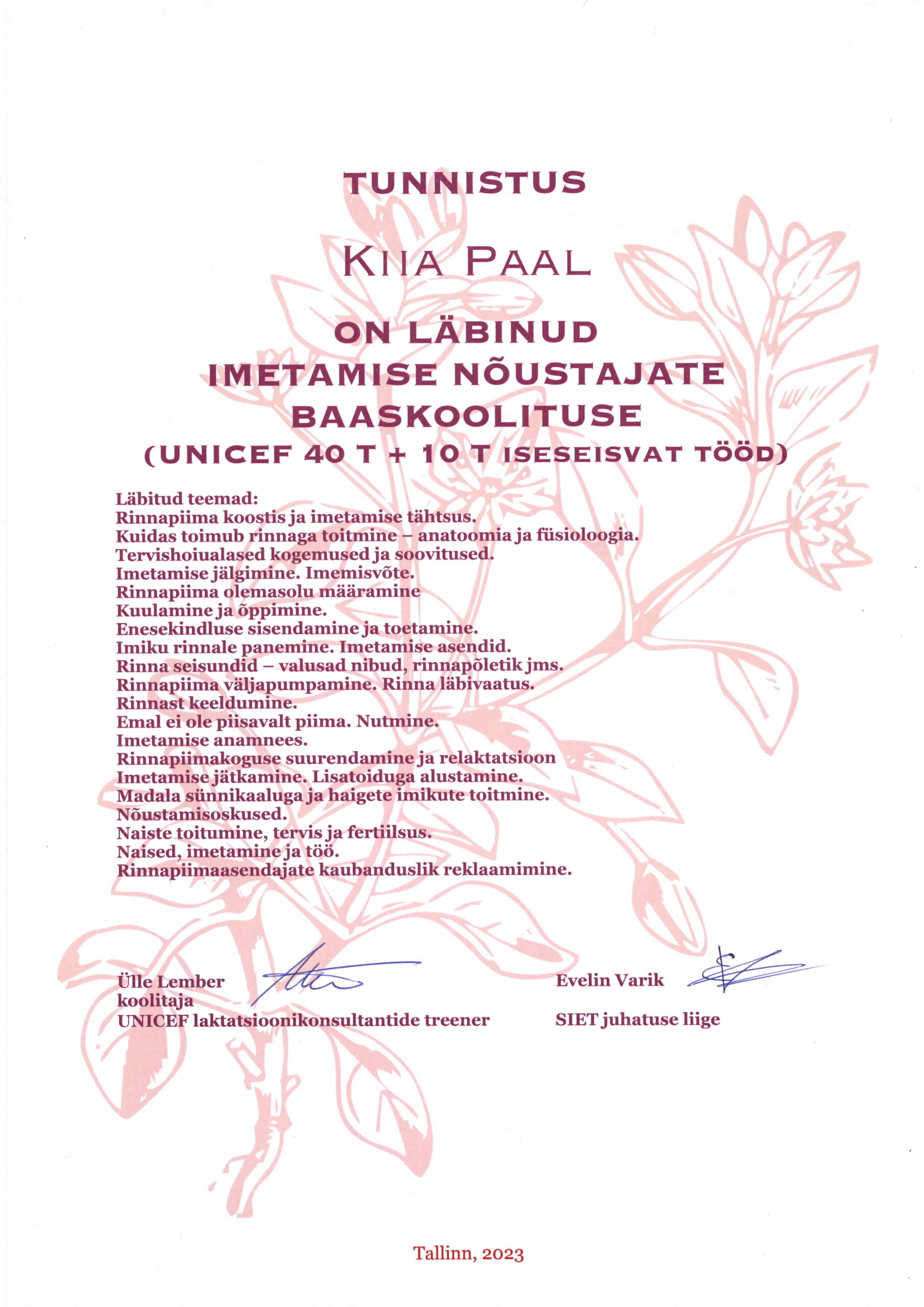 Imetamise nõustajate baaskoolitus 2023 UNICEF-SIET